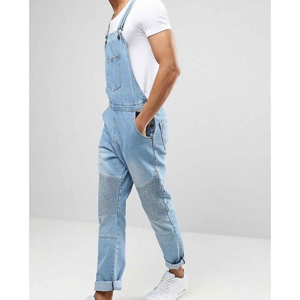 Liquor N Poker Mens Light Wash Biker Moto Denim Overalls Dungarees Slim Tapered